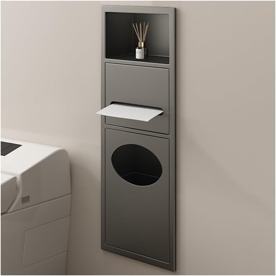 Waterproof Recessed Storage Caddy with Trash Can Stainless Steel Shower Niche Organizer - Wall-Mounted Bathroom Shelf Gray 23x17x12cm