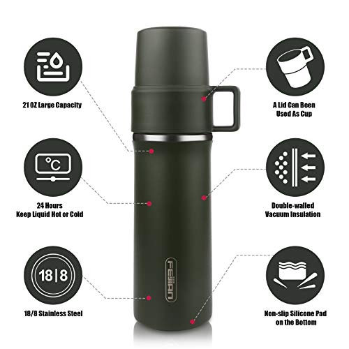Feijian Coffee Thermos With Cup,21 Oz Stainless Steel Water Bottle, Vacuum Insulated Water Bottle, Thermos For Hot Drinks/Cold Drinks, Leakproof Build-In Lid Cup Integrated Handle, Army Green #TOP1