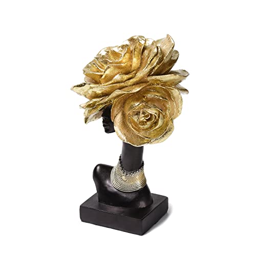 Brabud Resin Black Girl With Gold Rose Statue African Girls Tribal Lady Figurine Modern Home Decor Collection Gift Crafts Ornaments 11'' (H) Tqgjbs231 #TOP4