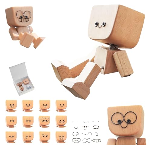 Yooyan Schüttelnde Holzmann-Figur Charmante Holzfigur mit einem Lächeln Wackelnde Holzfiguren Lebendig Wackelkopf-Autodekoration Handgefertigte Auto Dekoration Geschenke für Männer
