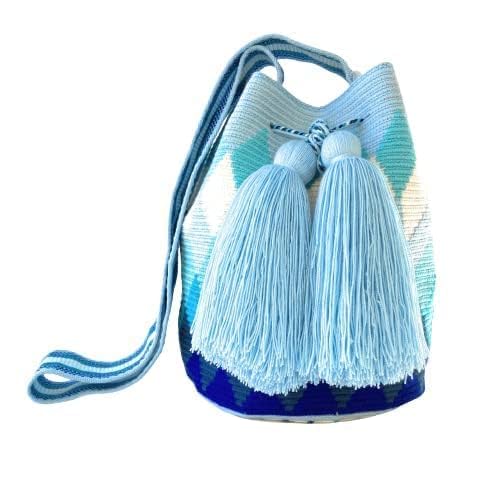 Original Wayuu Mochila Bag For Women, Colombian boho bags, Handmade With Big Nice-Looking Tassels (Medium, Blue Shades - Medium)