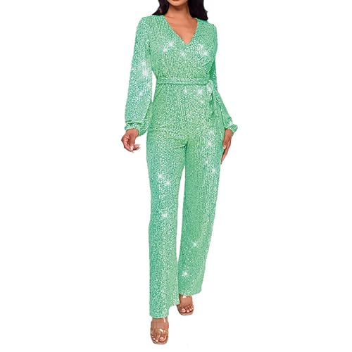 Wedding Guest Jumpsuit Women's Sequin Jumpsuit Clubwear Glitter Shiny Wrap V Neck Sexy Long Sleeve Romper Straight Wide Long Pants Ladies Linen Jumpsuit (Green, L)