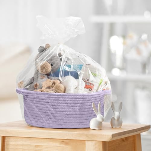 Image of Small Woven Gift Basket, Baskets for Gifts Empty, Cotton Rope Cat Dog Toy Bin Box, Nursery Baby Basket, Wicker Basket with Handles, Shelf Storage Basket for Home Decor, Purple, 12 inchx 8 inchx 5 inch