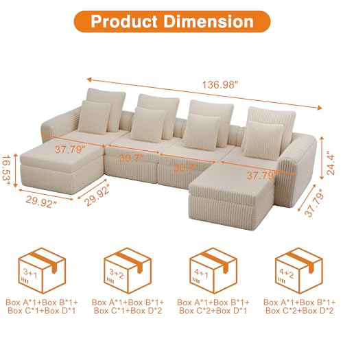 Image of Feonase Modular Sectional Sofa, Cloud Sectional Couch with Deep Seat, 134'Modern Modular U Shape Sofa Couch with Chaise, Upholstered Boneless Couches for Living Room Bedroom, Beige