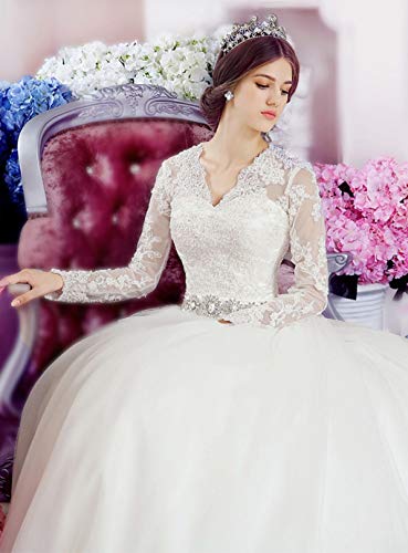Snowskite Women's Elegant V-Neck A-Line Lace Ball Gown Wedding Dress White 22 #TOP6
