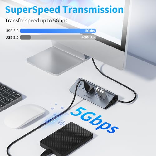 USB 3.0 Hub, 7-Port USB Extender Hub Aluminium 5Gbps, USB Multiport Adapter with 3.4Ft Cable and 5V/4A Power Port for Desktop PC, Laptop, Flash Drive, HDD, Mice