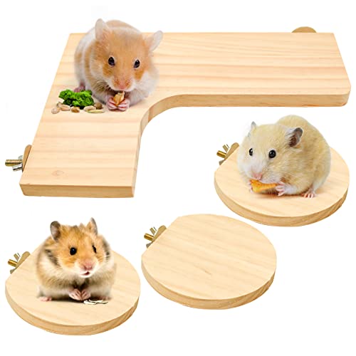 Episkey 4 Pcs Hamster Wooden Platform Shelf, L-Shaped Large Platform Natural Wood Parrot Round Stand Board Mice Activity Pedal Chinchilla Bird Cage Accessories for Bird Small Animals Habitat Toy (L01)