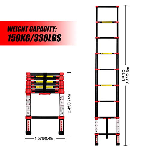 Beetro 8.5Ft Aluminum Telescoping Ladder, Extension Folding Ladder, Multipurpose Ladder For Roofing Business, Outdoor Working, Household Use And More, 330 Lb Capacity, Red #TOP1