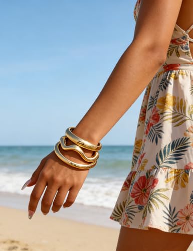 Image of Chunky Gold Bangle Bracelets for Women, Dainty 14k Gold Plated Big Stackable Bangles Set, Trendy Statement Cuff Bracelet Stack Fashion Jewelry Gifts