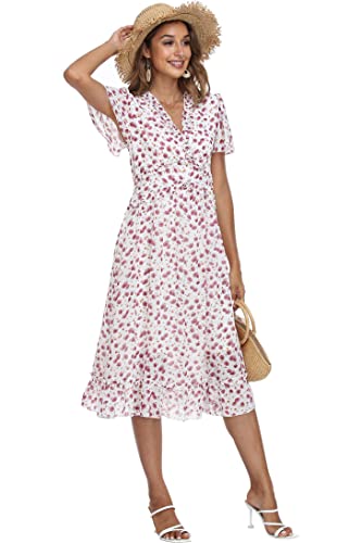 Vintageclothing Women's Summer Dress Floral Sexy V Neck Ruffle Short Sleeve A Line Long Midi Dress, Floral White, S #TOP5