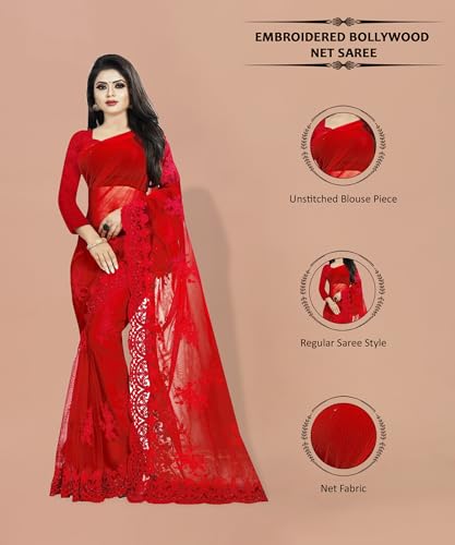Yashvi Designer Women's Embroidered Net Work Saree with Blouse Piece