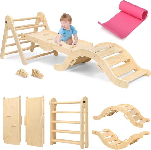 Muja Juguetes de Pikler Montessori Escalada para Niños, Juego de Triangulo Pikler para Interiores, Pikler Montessori con Toboganes para Niños, Rampa...