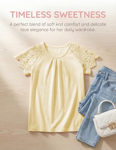 Girls Ruffle Eyelet Sleeve Shirts Kids Summer Pleated Neck Trendy Cute Teen Tops Kids Tees 5-14 Years Yellow