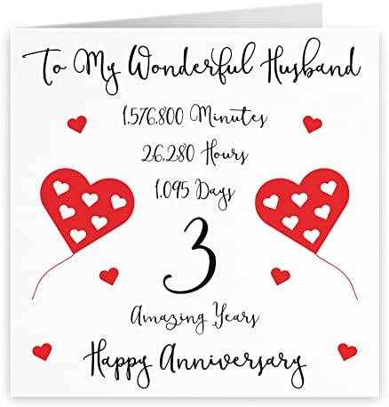 Hunts England Romantic Husband 3rd Wedding Anniversary Card - To My Wonderful Husband - 3 Amazing Years - Timeless Collection - Standard - 148 x 148 mm