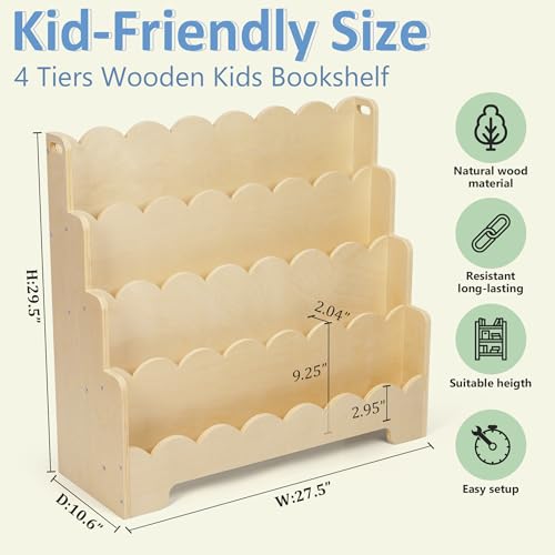 4-Tier Kids Bookshelf Wooden, Scalloped Book Shelf for Kids Rooms Anti-Tip by Tohiasen - Image 2