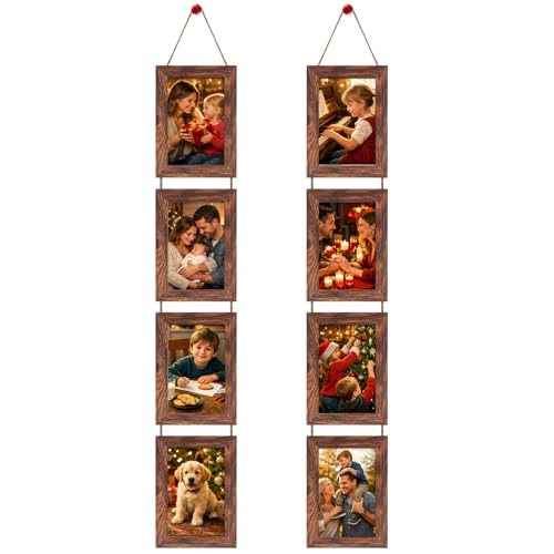 Xosjska 4x6 Brown Hanging Collage Picture Frames Set of 2, 8 Openings Collage Photo Frames Rustic Wooden Real Glass Vertical Hanging