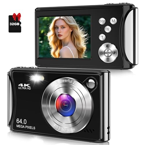 Digital camera featuring 4K Ultra HD capabilities, 64 megapixels, and a 32GB memory card, ideal for vlogging and photography in 2025.