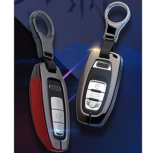 Hibeyo Car Key Case Cover For Audi 2021 2020 A7 A8 A6 A6L Q8 E-Tron Zinc Alloy Leather Holder Protector Remote Control Keyless Keychain Replacement Shell Auto Smart Key Accessories-Black Blue #TOP2