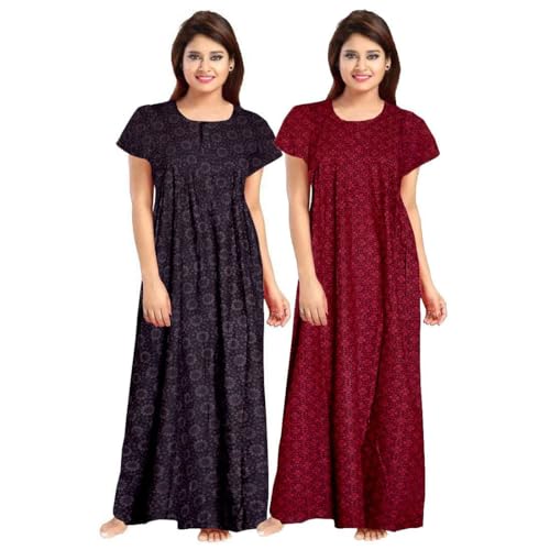 Image of Keyocean Women's Cotton Printed Gown Ankle Length Nighty Free Size (Pack of 2)
