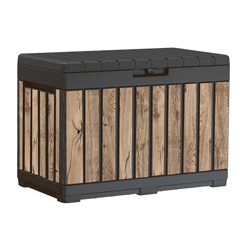 Koll Living Gartenbox Kentwood 190 Liter Stauraum in Holzoptik Pinie | Aufbewahrungsbox mit Sitzfunktion für Sitzauflagen Gartengeräte oder Kinderspielzeug | wasserdicht & gut belüftet