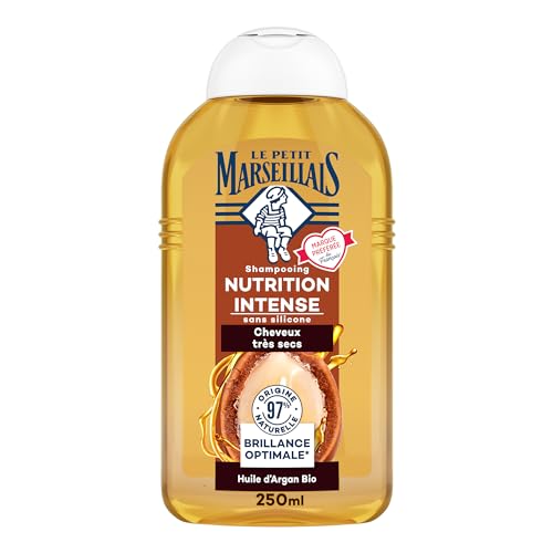 Le Petit Marseillais , Shampooing Nutrition Intense Huile d&rsquo;Argan Bio (flacon de 250 ml) – Shampoing sans silicone pour cheveux très secs – 97 % d&rsquo;ingrédients d&rsquo;origine naturelle