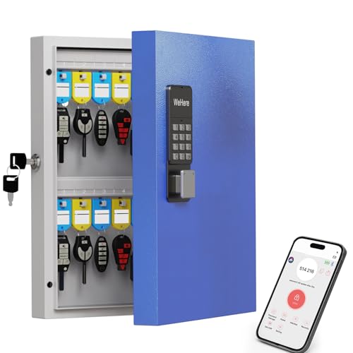 WeHere 32-Key Smart Key Lock Box with Key Management App(Track Key Borrow/Return), Keypad, Bluetooth & WiFi Unlock (Sold Separately), Wall-Mount Commercial Key Cabinet for School, Rental, Office
