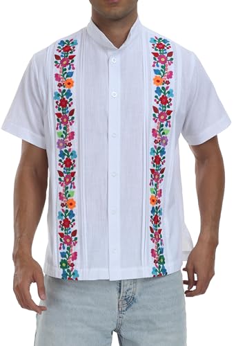YZXDORWJ Men's Mexican Cuban Shirt Embroidered Traditional Button Down Shirt Summer Band Collar Short Sleeve Tops3