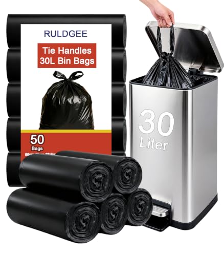 RULDGEE Bin liners 30l Bin Bags 50 Counts Tie Handle,Black
