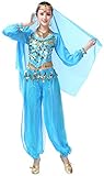 Lauthen.S Women Belly Dance Outfit Coins Top Pants Face Veil Set Halloween Costume Blue