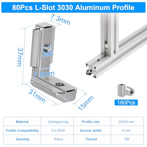 SUPAWAY 80 Stück Innenwinkel Winkelverbinder Aluprofil 3030 Nut8 M6 T-Nut 90° L-Form Profil Aluminium Winkel T-Slot Eckverbinder für 30er-Serie Europäischer Standard-Aluminium-Profil mit 160 Schrauben