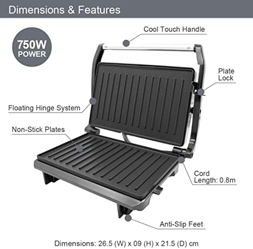 Quest 34340 Compact Panini Press, Health Grill and Sandwich Maker / Compact Stainless Steel Design / Non-Stick Hotplates / Cool Touch Floating Hinge Handle / Automatic Temperature Control