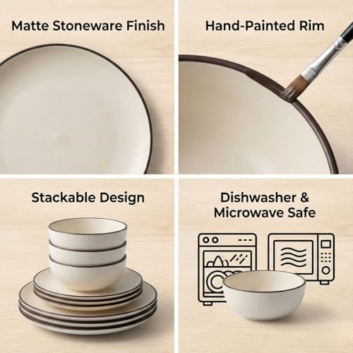 Image of Freakway Minimalist Cream Ceramic Dinnerware Set - 18 Piece(6 Dinner Plates +12 Bowls) Stoneware Dishes with Hand-Painted Brown Rim - Service for 6 - Microwave & Dishwasher Safe-Ivory White