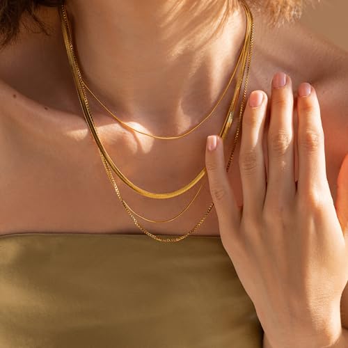 BAYLAY Gold Chain for Women - 18K Gold Plated Herringbone Necklace Snake Chain Necklace Woman Dainty Gold Necklace for Women Gold Jewelry Gifts, 0.9mm, 26 Inch — view 4