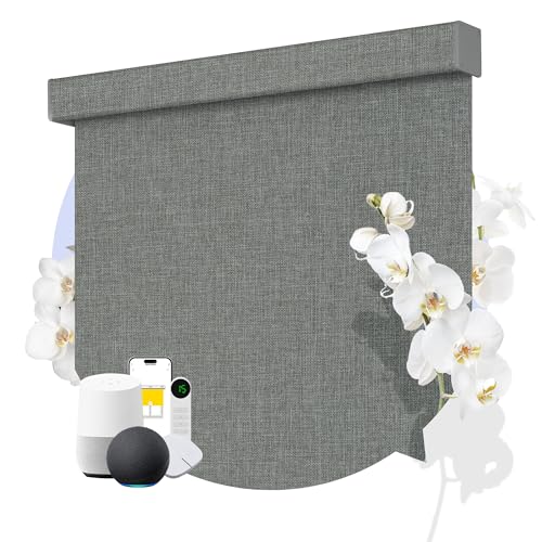 ViChilia Motorized Blackout Roller Shades – Smart Remote Control, Cordless Electric Window Blinds with Linen-Style Blackout Fabric for Living Rooms, Bedrooms & Family Spaces, Grey, Custom Now