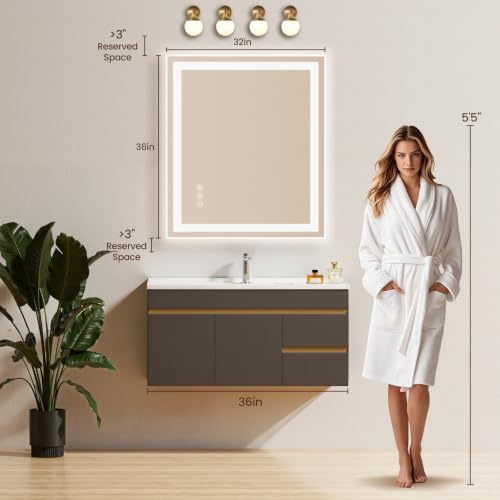 Image of 32x36 LED Bathroom Mirror with Anti-Fog, Backlit & Front Lit, Memory | Stepless Dimmable 3 Color CRI 95+ Shatterproof Tempered Glass ETL Listed for Safety Lighted Bathroom Vanity Mirror for Wall