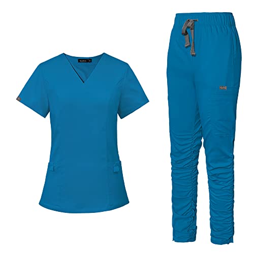 niaahinn Medical Uniform Scrub Set for Women Classic V-neck Scrub Top with Pocket & Jogger Scrub Pants (Blue,M,Medium)