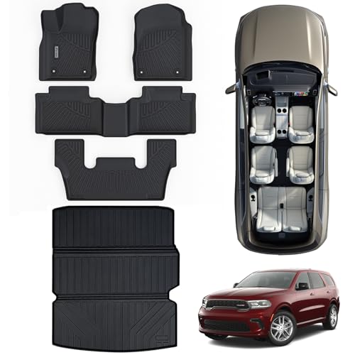 ASINRI Floor Mats & Large Trunk Mat for 2016-2023 2024 Dodge Durango (6-Seats(2 Row Bucket Seat)),TPE All Weather Protection 1st & 2nd & 3rd Rows Full Set Car Floor Liners with Cargo Liners-Black