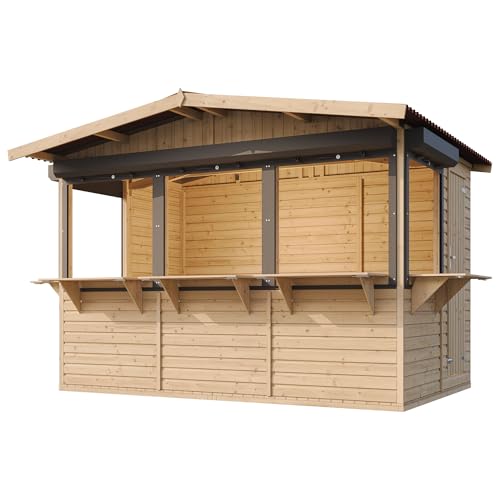 TIMBELA M150BZ Holz Gartenhaus, Marktbude Holz, Qualitäts Schiffslatten Kiefern Fichte Verkaufsstand Holzhaus mit Theke 26 x336 cm/6m², große multifunktionale Garten-Bar Verkaufshütte Verkaufsstände