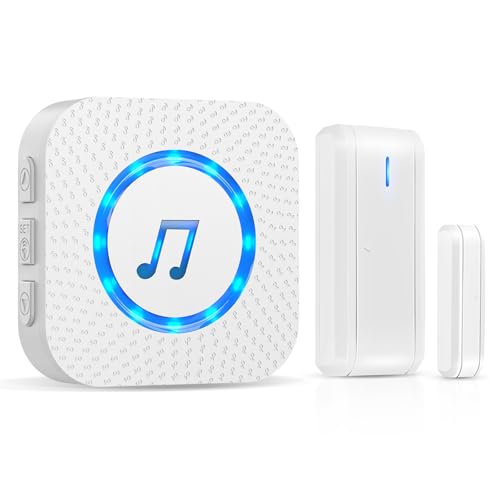 Sensor magnético inalámbrico de puerta de 600 pies, rango de funcionamiento de 58 campanillas, volumen ajustable con modo de silencio, indicadores LED, 1 receptor enchufable, seguridad, color blanco