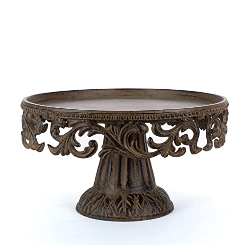 Glass Domed Cake Pedestal With Acanthus Leaf Ornate Brown Metal Base And Cream Ceramic Plate #TOP1