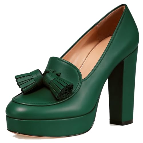 Image of SHODENSE Women Vintage Chunky Platform Loafers Pumps Tassel Round Closed Toe Slip On Suede Block High Heel Dress Loafer Shoes Buckle Strap Oxford Loafers Fringe Pump Dressy Chic Sexy Y2k 4-11 M US