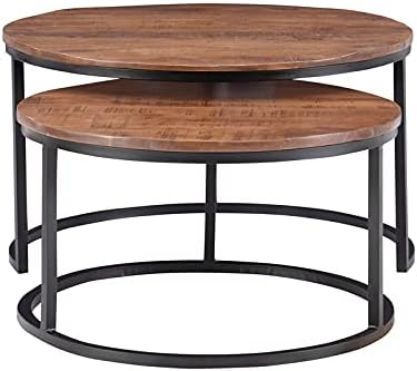Pemberly Row Modern Nesting Coffee Tables, 31" Round Mango Wood and Metal, Black and Brown Finish, Space-Saving Set of 2, Contemporary Living Room Accent Tables for Apartments or Small Spaces