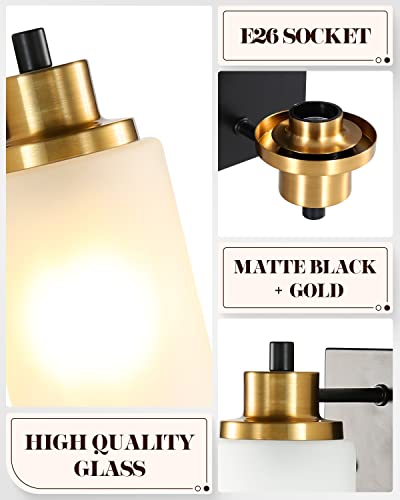 Eidonta 2 Pack Bath Vanity Light Fixtures Wall Sconces, Modern Black And Gold Wall Lights With White Frosted Glass Shades, Farmhouse Lighting Fixtures For Bedroom Mirror Kitchen Living Room Entryway #TOP1
