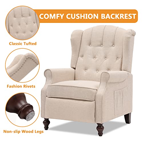 Wingback Chair, Tufted Accent Chairs For Living Room Bedroom, Upholstered Pushback Recliner Chair Reading Chair Sofa, Mid-Century Modern Club Armchair, Linen/Wooden Legs/Rivets (Beige Set Of 2) #TOP5