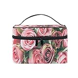 Estuche portátil para cosméticos, 1 bolsa principal para cosméticos, 1 bolsillo de red con cremallera, 3 bolsillos en el interior, 4 bandas elásticas. Correa de mano de piel sintética y diseño de cremalleras bidireccionales para un bloqueo maestro y perfecto para llevar a compras o viajes.