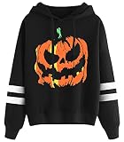 Halloween Hoodie Women Pumpkin Striped Pullover Top Long Sleeve Graphic Print Funny Sweatshirt L