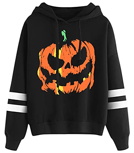 Halloween Hoodie Women Pumpkin Striped Pullover Top Long Sleeve Graphic Print Funny Sweatshirt L #TOP4