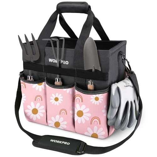 WORKPRO Garden Tool Bag Organizer, Heavy Duty Gardening Tote Bag with 10 Pockets and Long Adjustable Shoulder Strap, Standable Garden Home Tool Kits O