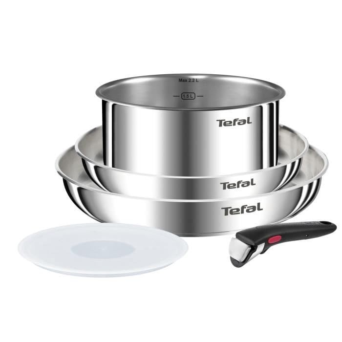 Tefal Ingenio Emotion - Lot de 2 Poêles 22/26 cm + Casserole de 18 cm + Poignée amovible + 1 accessoire, Convient à l'induction, antiadhésif, revêtement titane, Thermo-signal, passe au lave-vaisselle