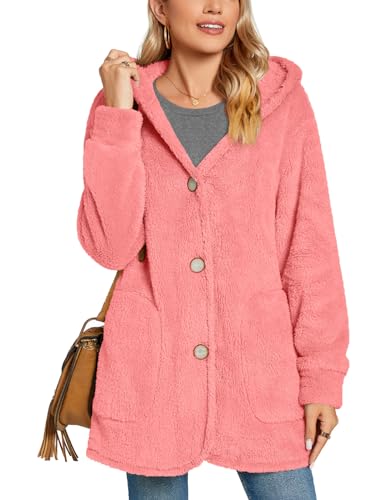 Bestbee Warm Fleece Jackets for Women, Plus Size Fuzzy Hooded Casual Coats Lidies 2024 Cardigan Sweaters Outerwear with Pockets, 2XL, Pink